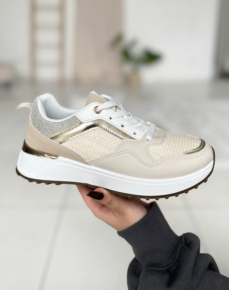 Baskets beiges à empiècements taupe et pailleté