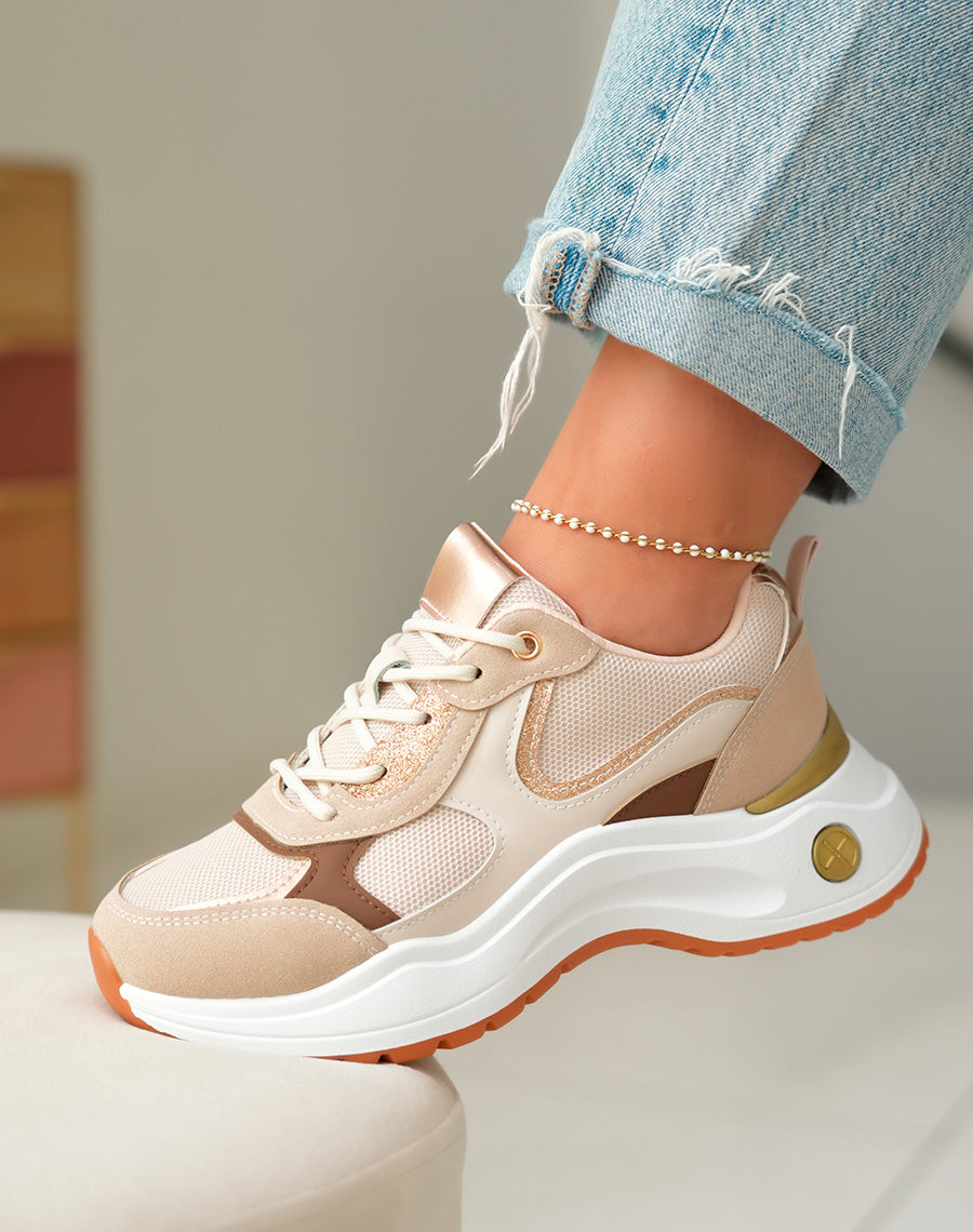 Baskets Beiges en Suédine Femme avec Détails Rose Gold et Marron