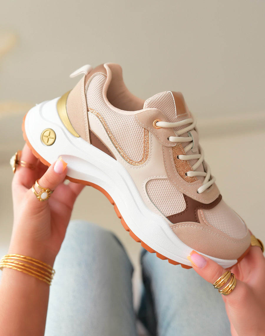 Baskets Beiges en Suédine Femme avec Détails Rose Gold et Marron