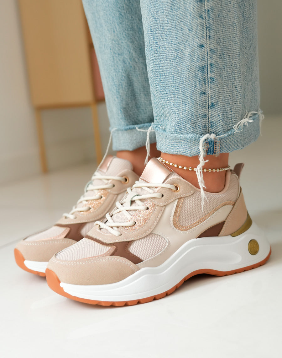 Baskets Beiges en Suédine Femme avec Détails Rose Gold et Marron