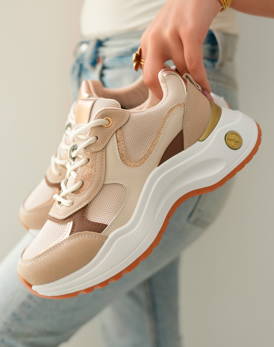 Baskets Beiges en Suédine Femme avec Détails Rose Gold et Marron