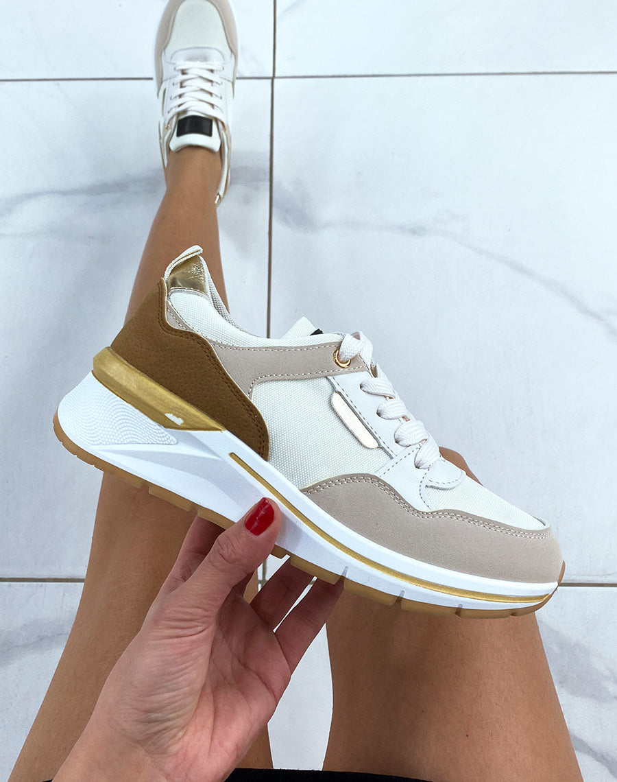 Baskets beiges et marrons à multiples empiècements