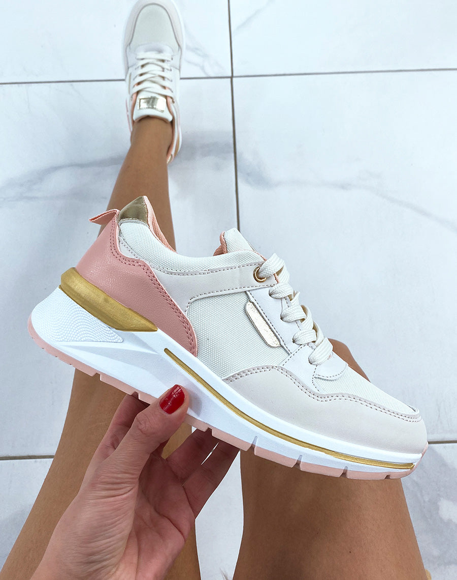 Baskets beiges et roses à multiples empiècements