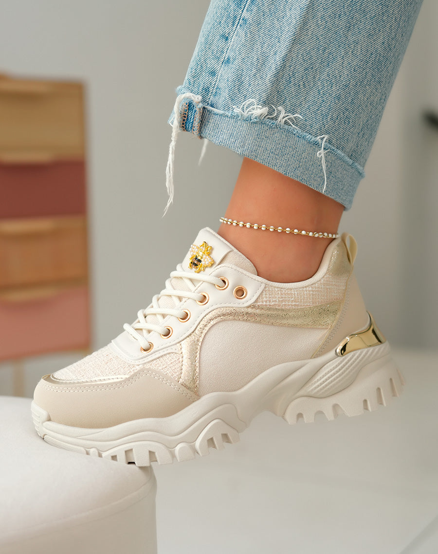 Baskets Beiges Femme en Suédine et Tweed avec Détails Dorés