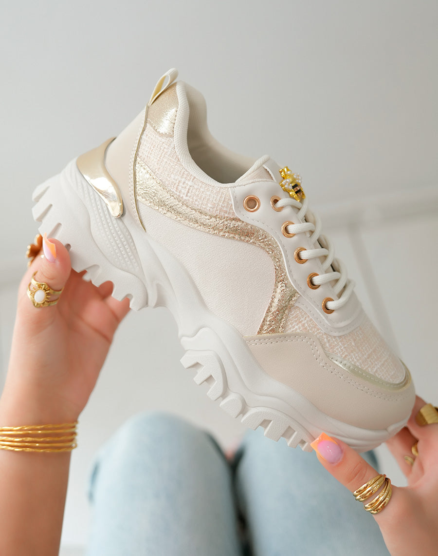 Baskets Beiges Femme en Suédine et Tweed avec Détails Dorés