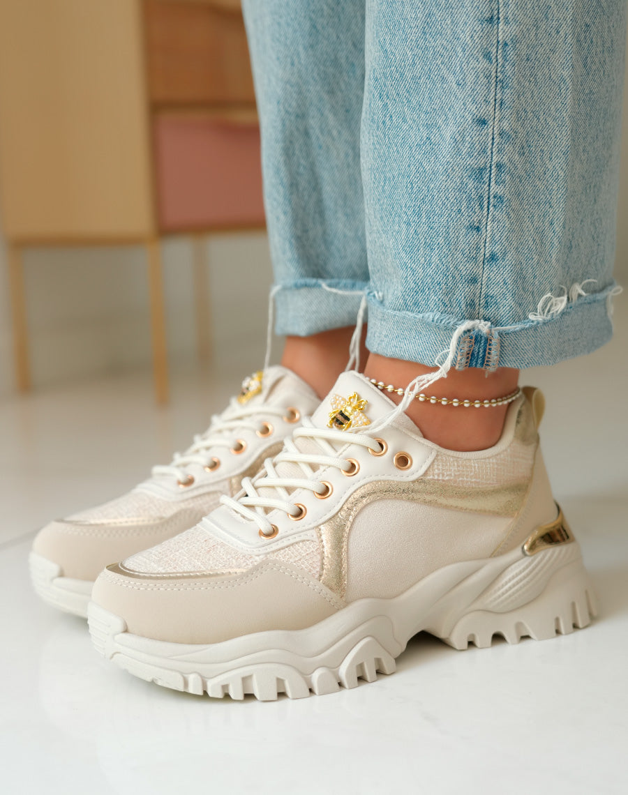 Baskets Beiges Femme en Suédine et Tweed avec Détails Dorés
