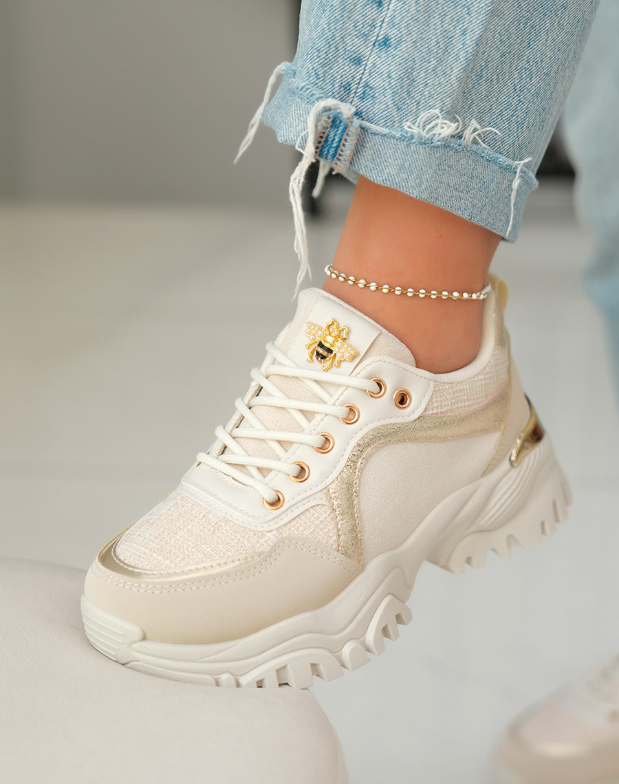 Baskets Beiges Femme en Suédine et Tweed avec Détails Dorés