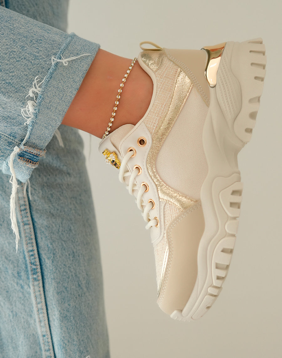Baskets Beiges Femme en Suédine et Tweed avec Détails Dorés