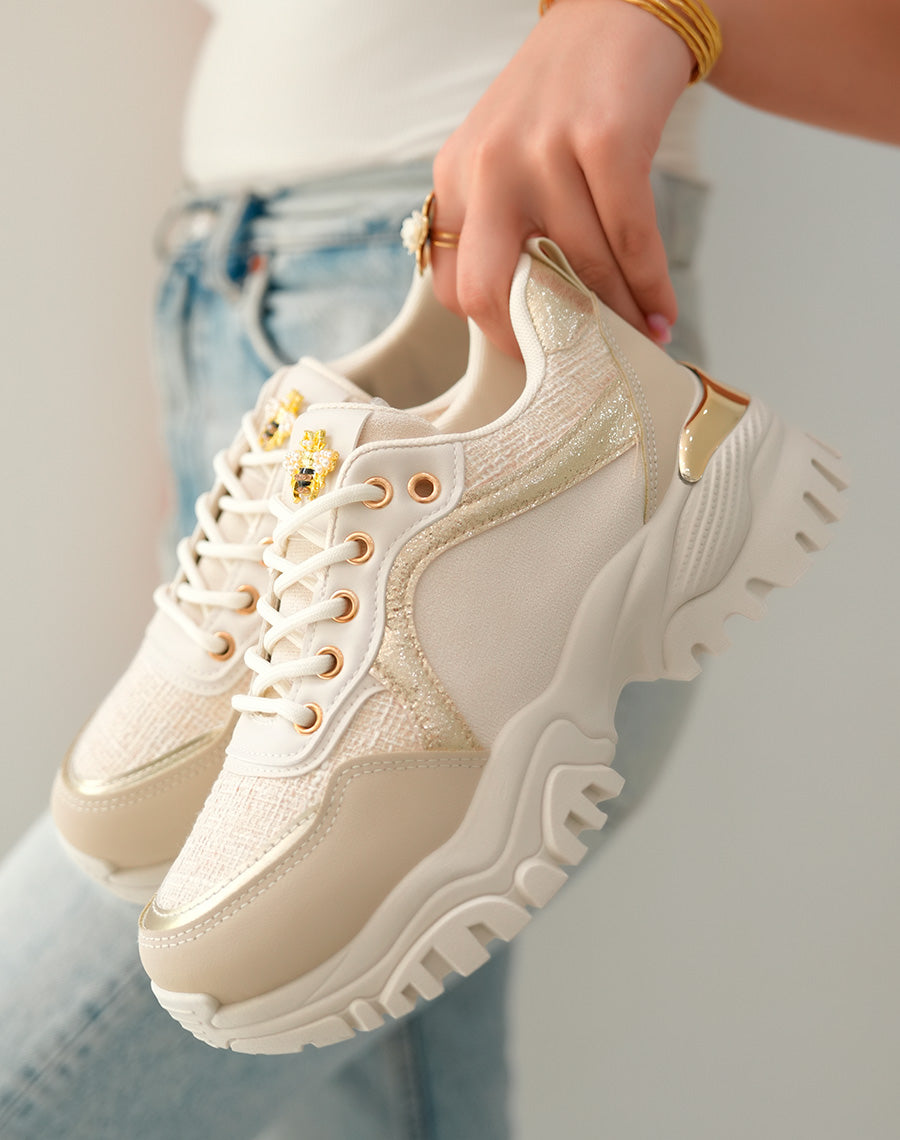 Baskets Beiges Femme en Suédine et Tweed avec Détails Dorés