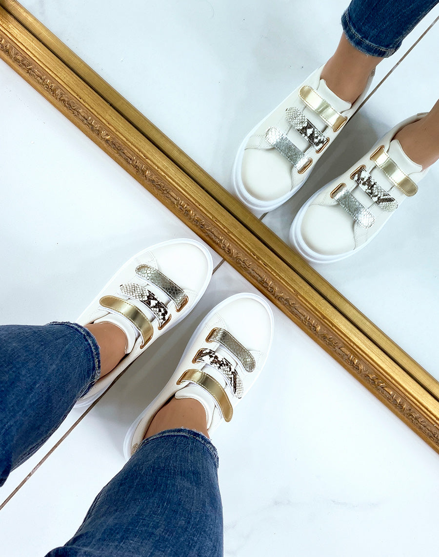 Baskets beiges à scratch doré python et croco satiné