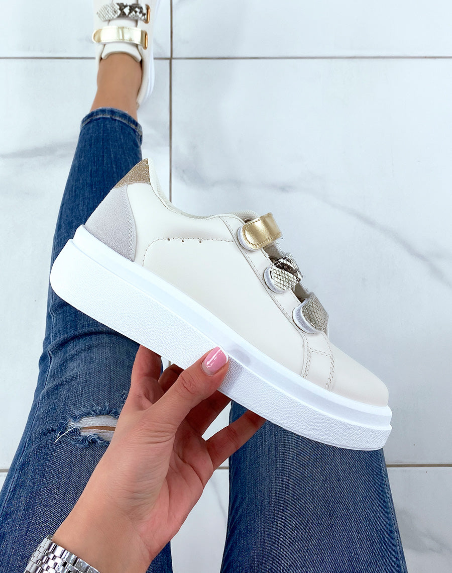 Baskets beiges à scratch doré python et croco satiné