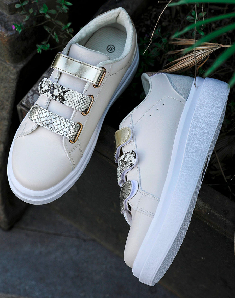 Baskets beiges à scratch doré python et croco satiné