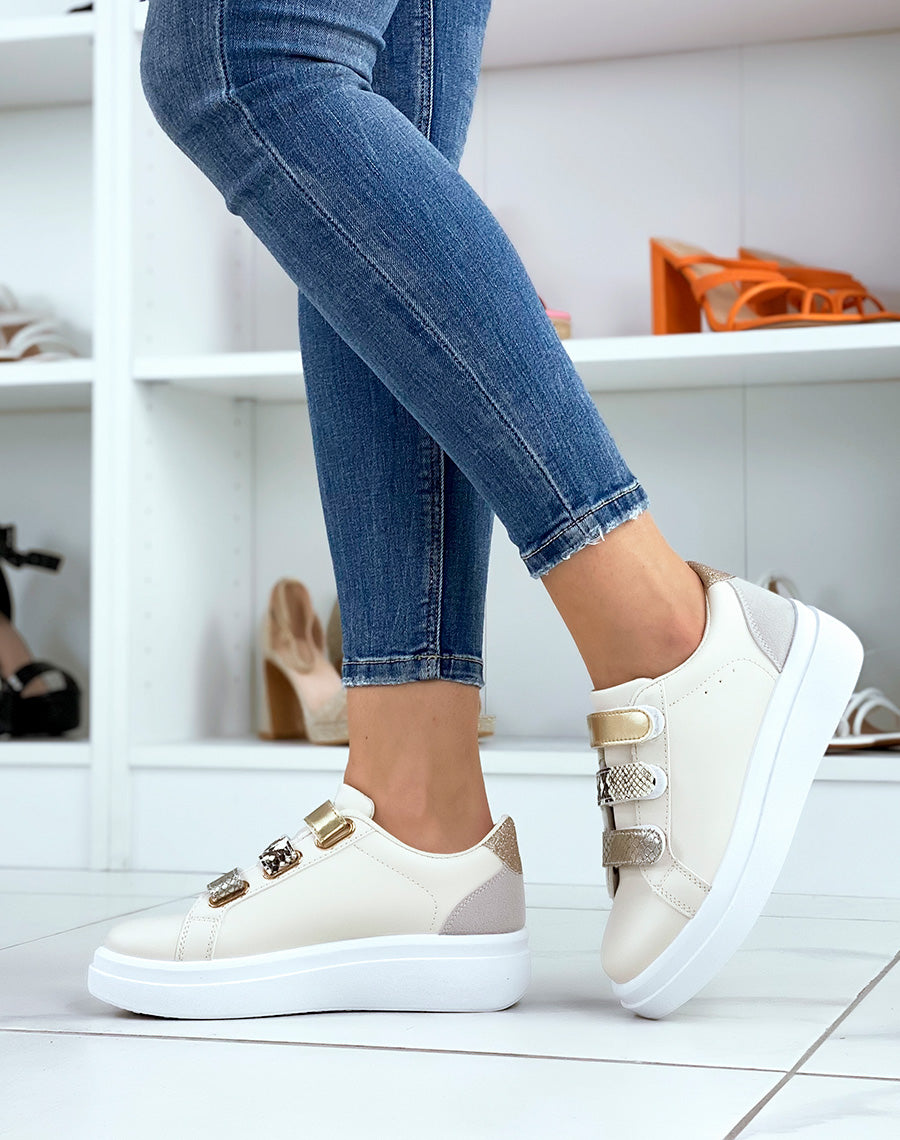 Baskets beiges à scratch doré python et croco satiné