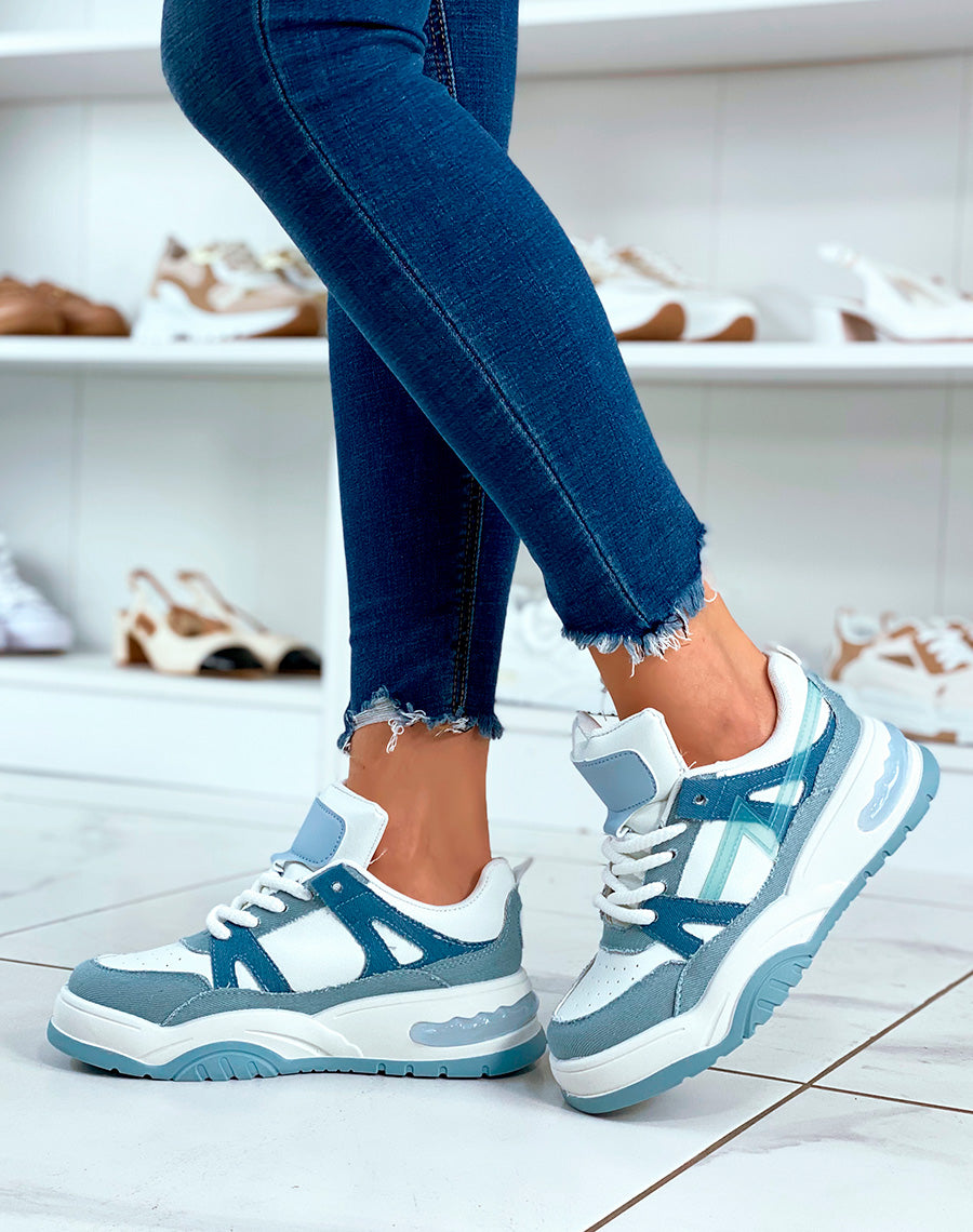 BASKETS BI-COULEUR JEANS ET BLANCHES ? MOTIF ET ? LACETS EFFET CORDE