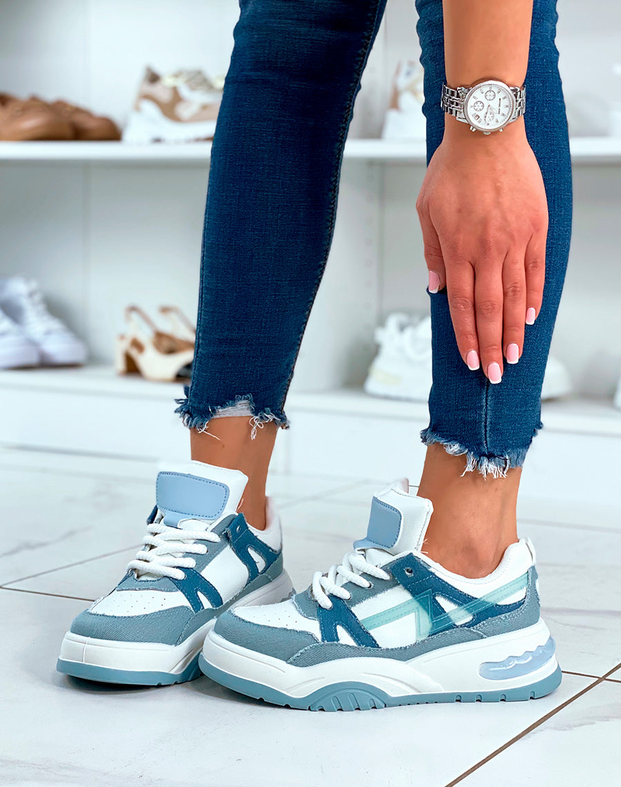 BASKETS BI-COULEUR JEANS ET BLANCHES ? MOTIF ET ? LACETS EFFET CORDE
