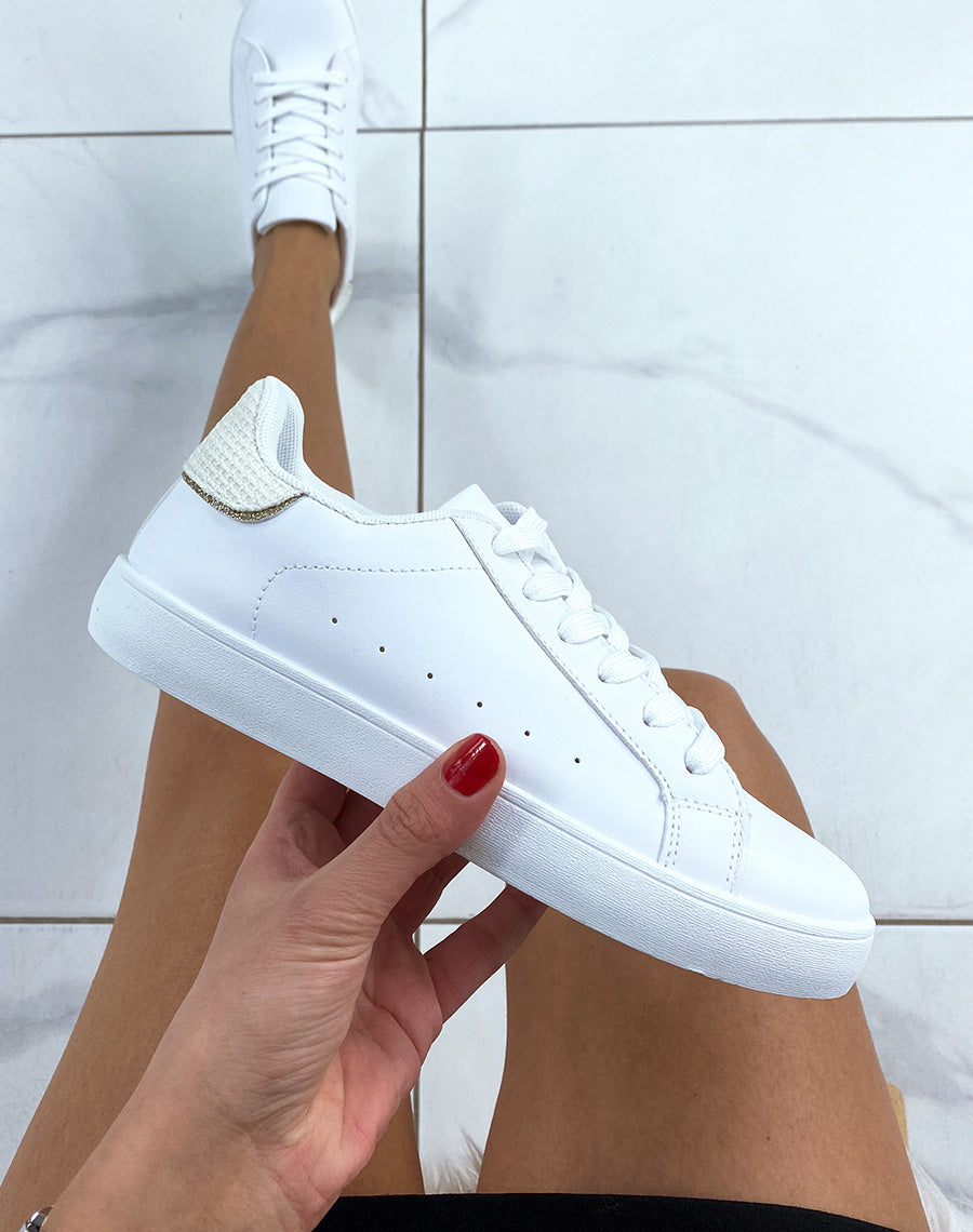 Baskets blanches avec empiècement arrière beige en tweed