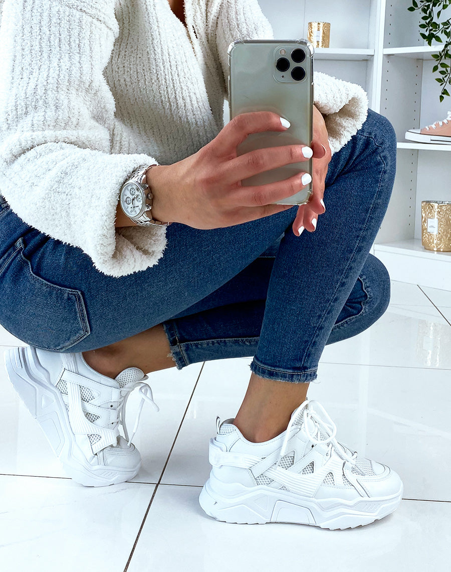 Baskets blanches bi-matière à plateforme XXL