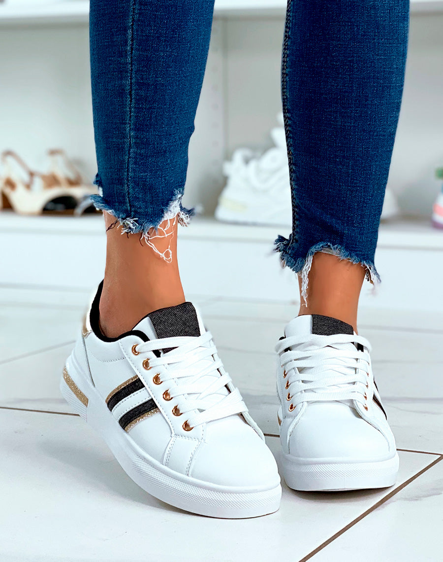 Baskets blanches à détails dorés pailletés