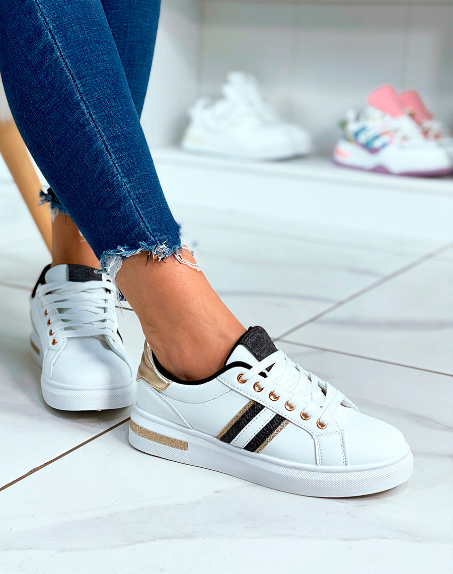 Baskets blanches à détails dorés pailletés