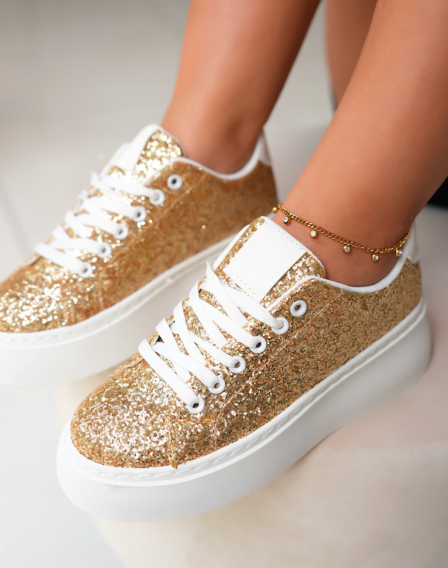Baskets blanches à empiècements dorées pailleté et à grosse plateforme