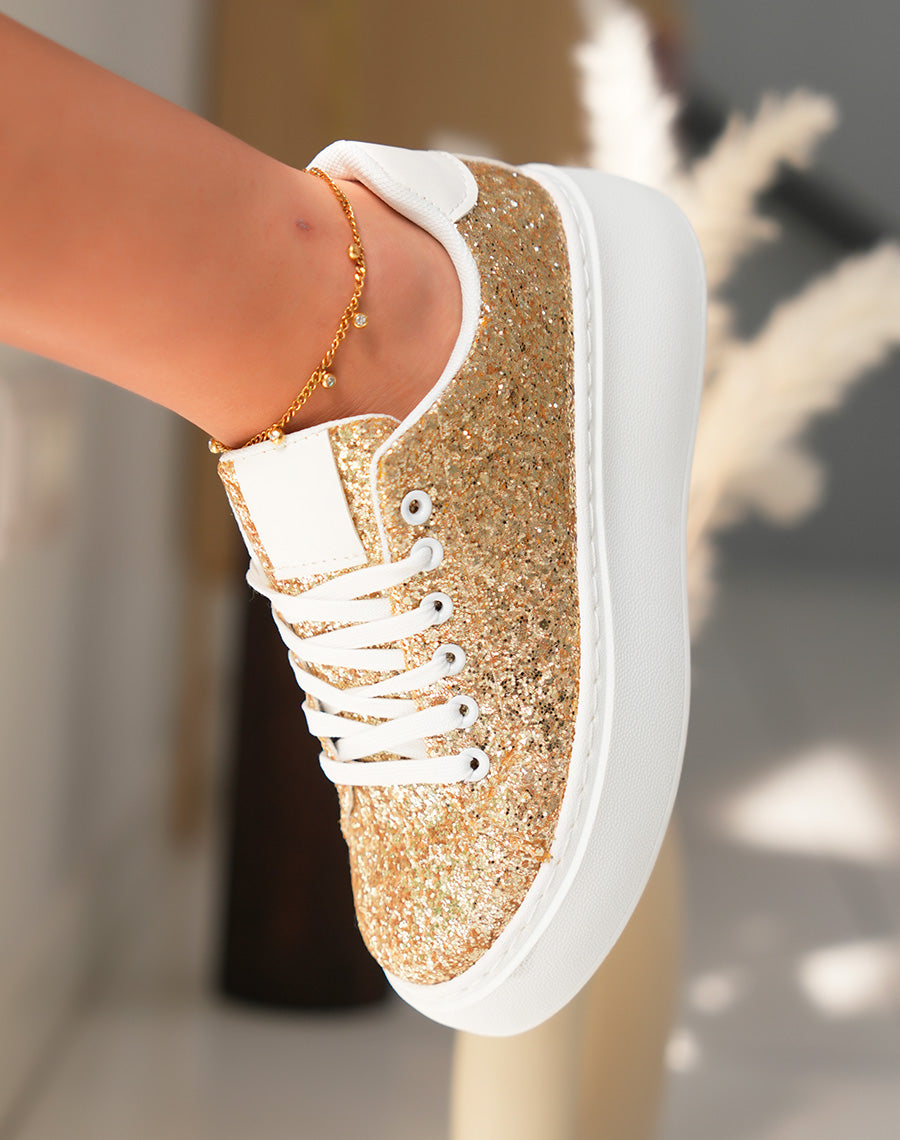 Baskets blanches à empiècements dorées pailleté et à grosse plateforme