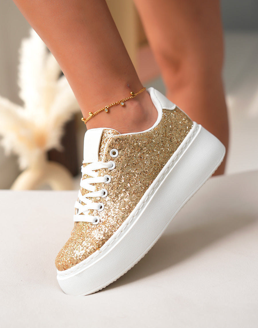 Baskets blanches à empiècements dorées pailleté et à grosse plateforme
