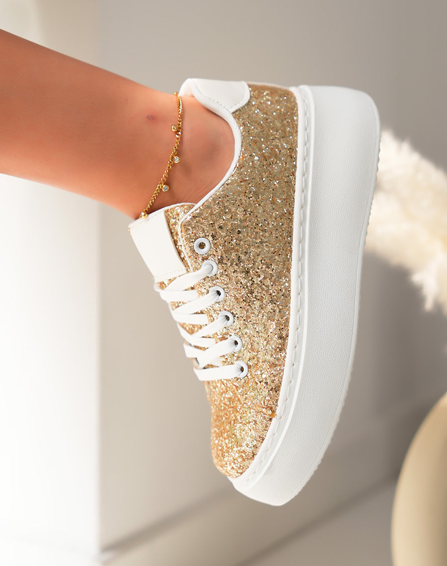 Baskets blanches à empiècements dorées pailleté et à grosse plateforme