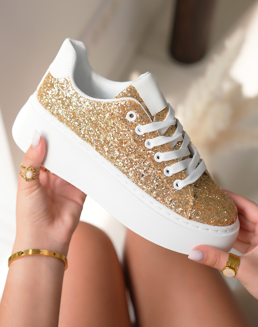 Baskets blanches à empiècements dorées pailleté et à grosse plateforme