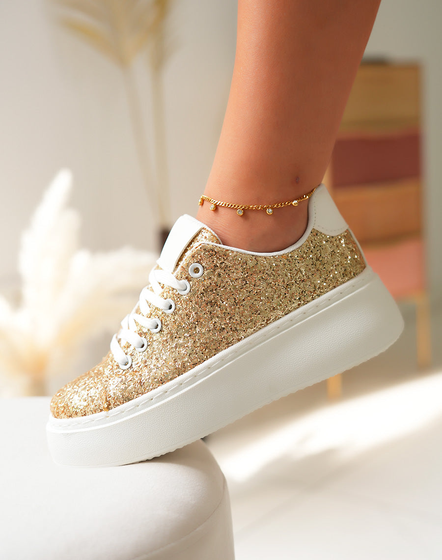 Baskets blanches à empiècements dorées pailleté et à grosse plateforme