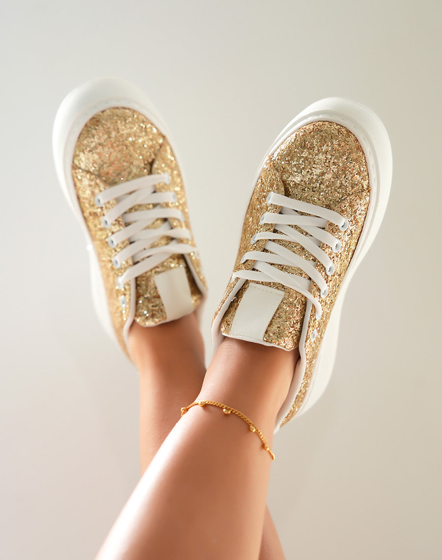 Baskets blanches à empiècements dorées pailleté et à grosse plateforme
