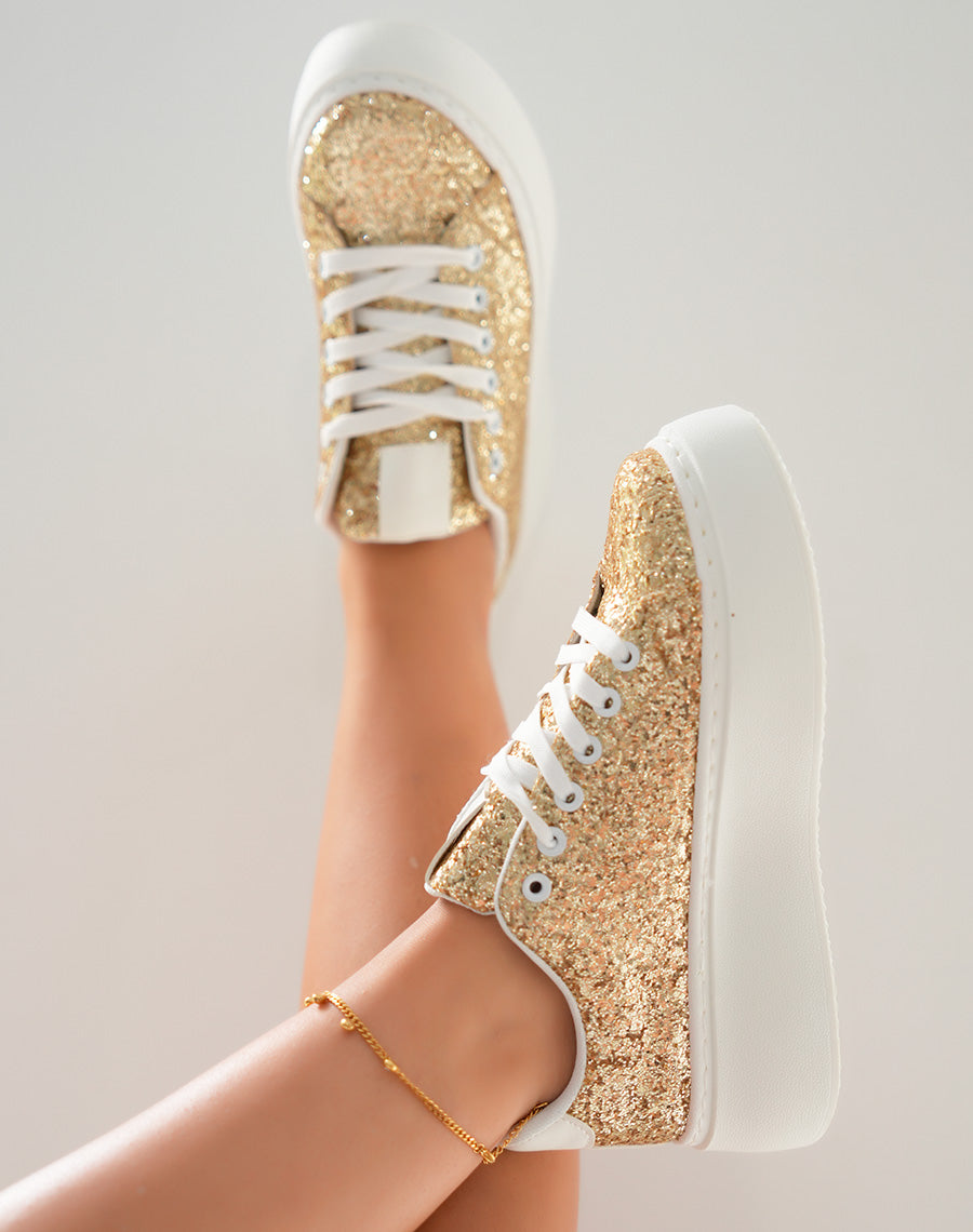 Baskets blanches à empiècements dorées pailleté et à grosse plateforme
