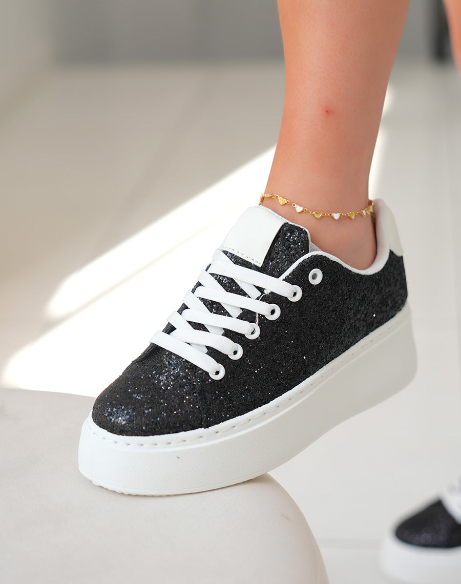 Baskets blanches à empiècements noires pailleté et à grosse plateforme