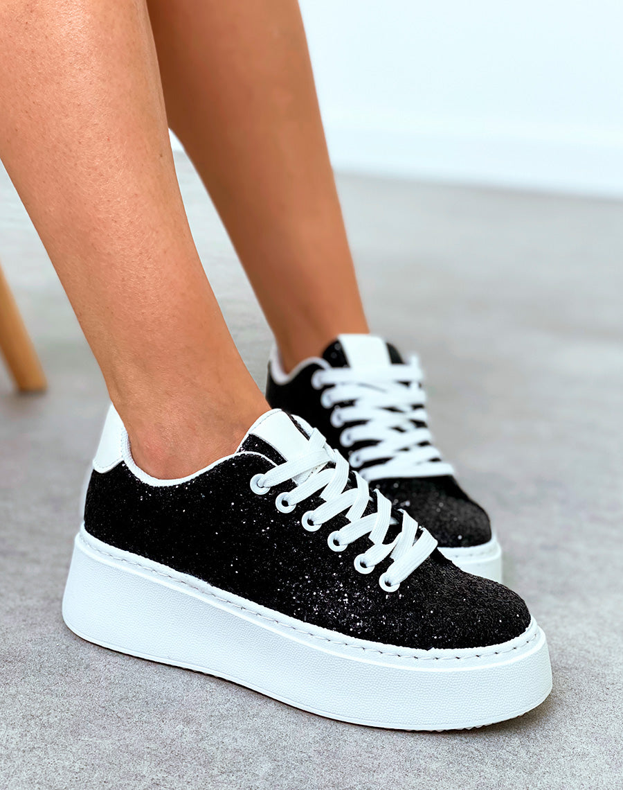 Baskets blanches à empiècements noires pailleté et à grosse plateforme