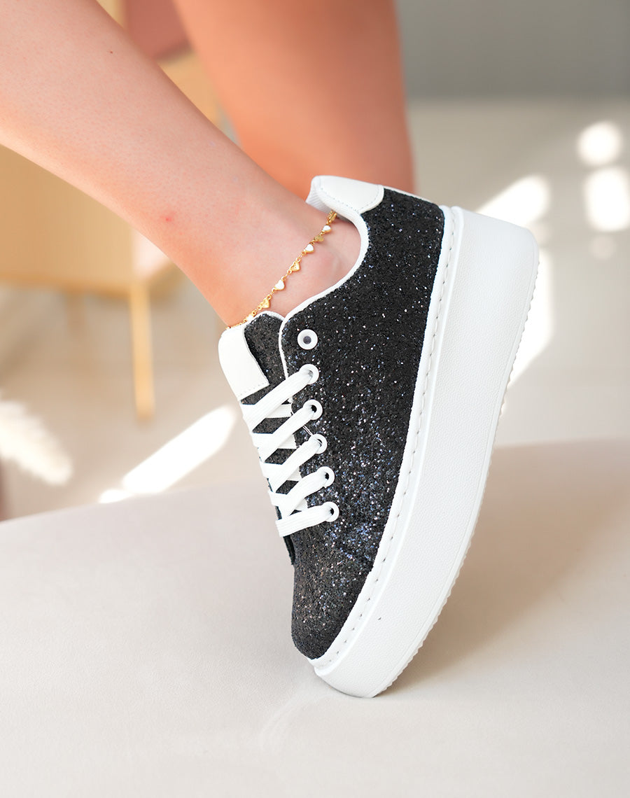 Baskets blanches à empiècements noires pailleté et à grosse plateforme