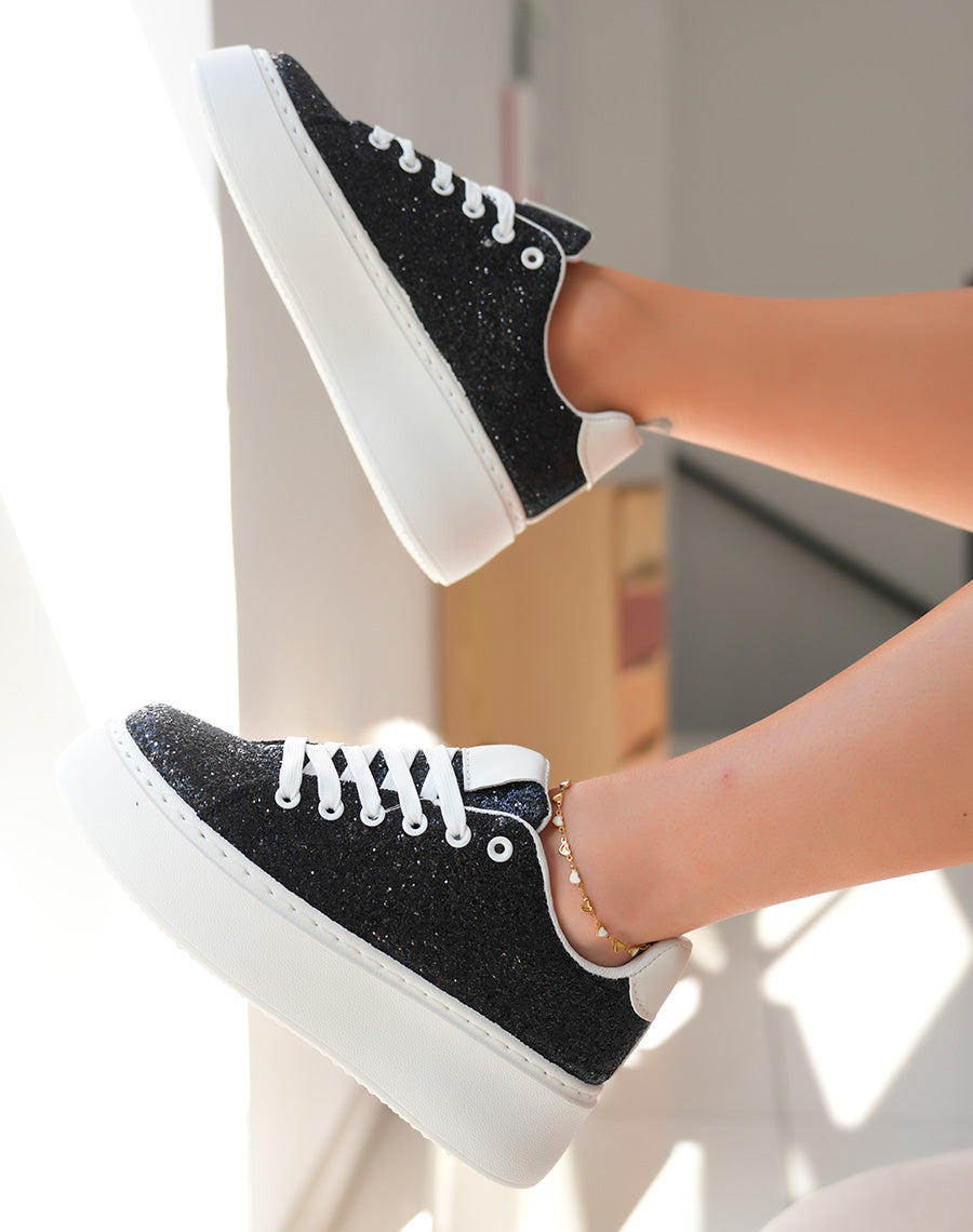 Baskets blanches à empiècements noires pailleté et à grosse plateforme