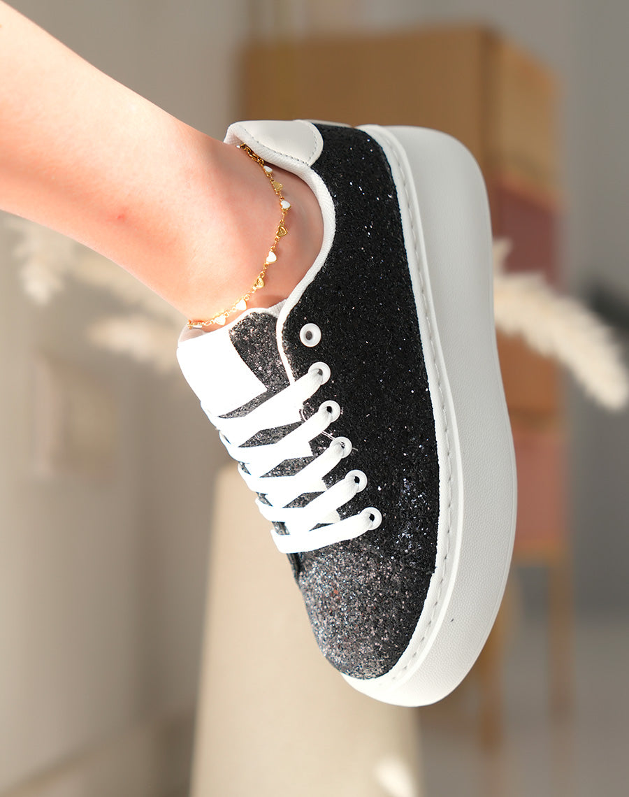 Baskets blanches à empiècements noires pailleté et à grosse plateforme