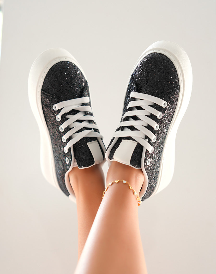 Baskets blanches à empiècements noires pailleté et à grosse plateforme