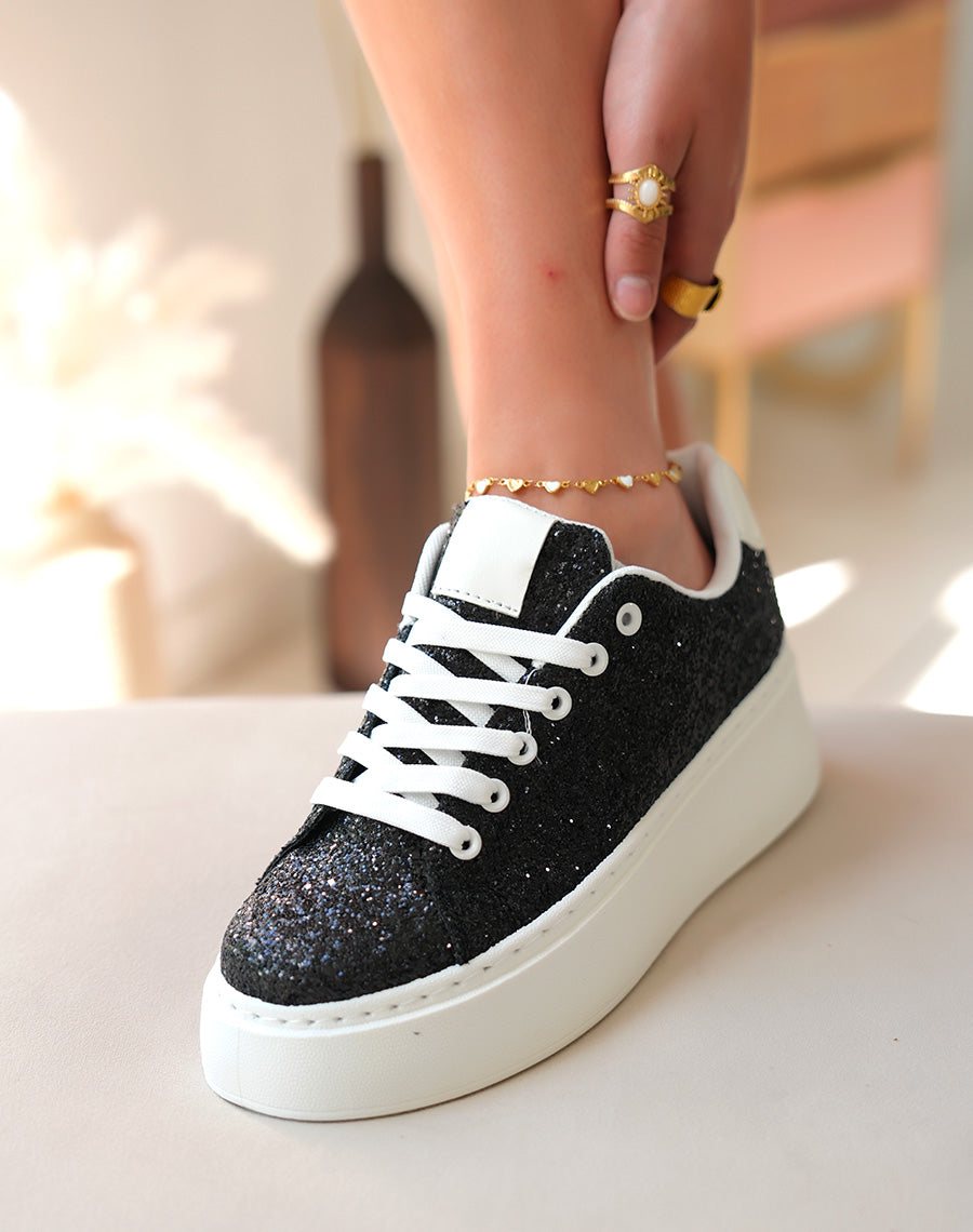 Baskets blanches à empiècements noires pailleté et à grosse plateforme