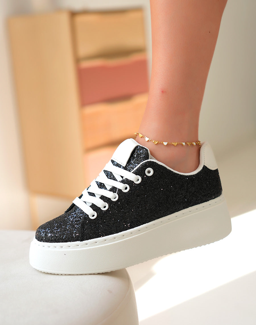 Baskets blanches à empiècements noires pailleté et à grosse plateforme