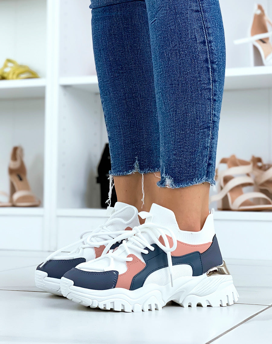 Baskets blanches et bleues effet chaussette