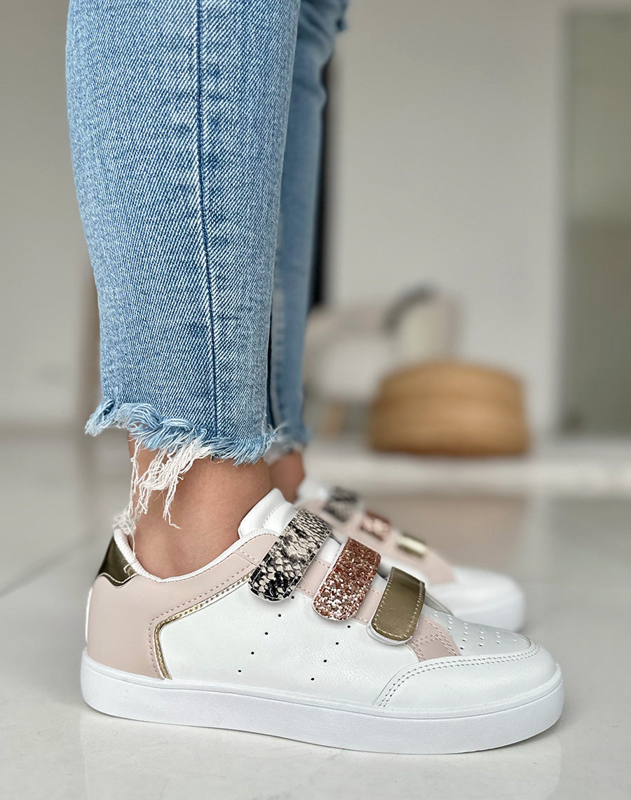 Baskets blanches et dorées à détails serpent et scratch