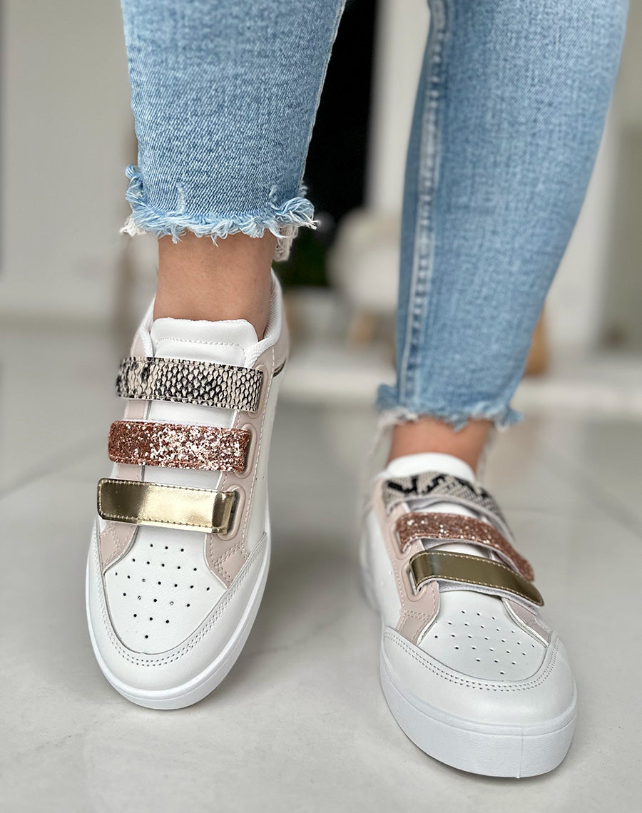 Baskets blanches et dorées à détails serpent et scratch