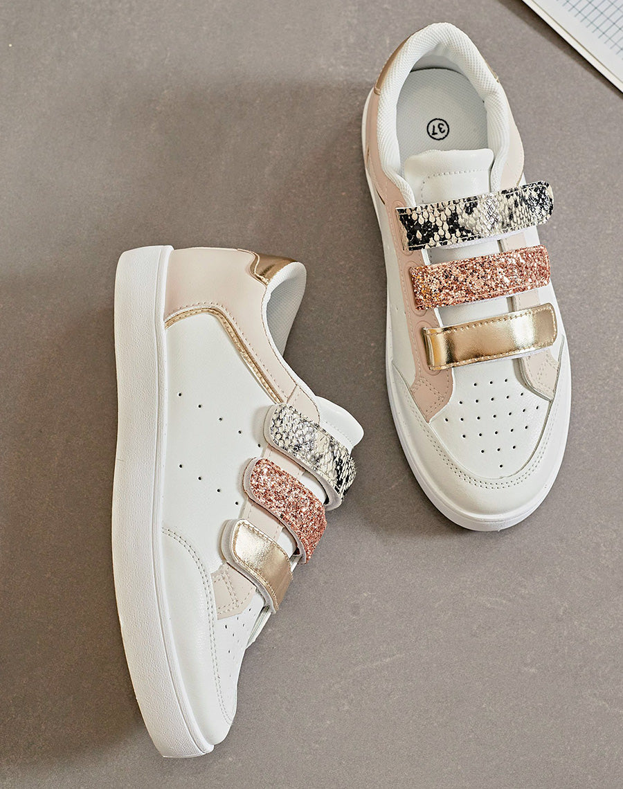 Baskets blanches et dorées à détails serpent et scratch