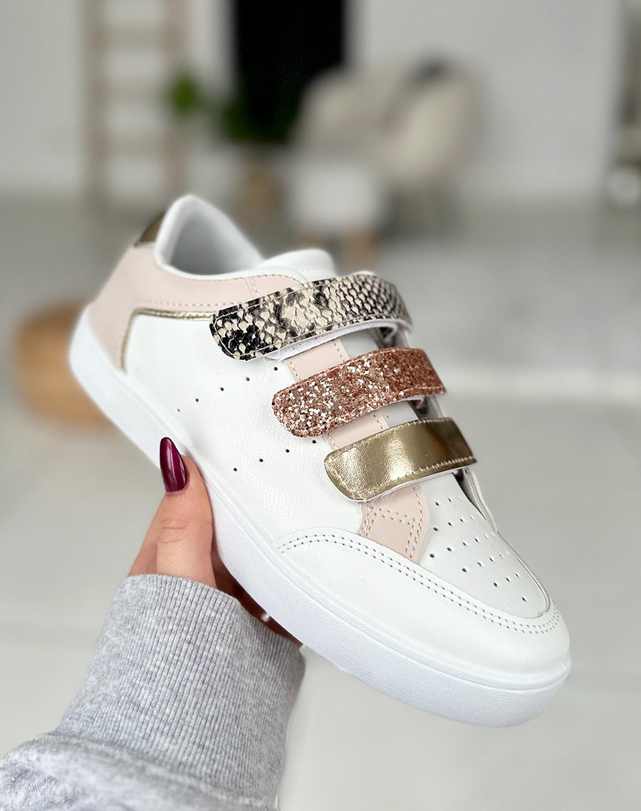 Baskets blanches et dorées à détails serpent et scratch