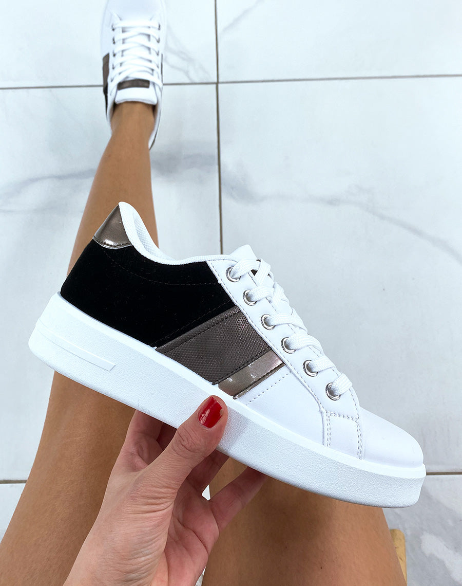 Baskets blanches et noires bi-matières