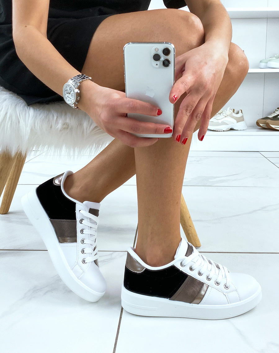 Baskets blanches et noires bi-matières