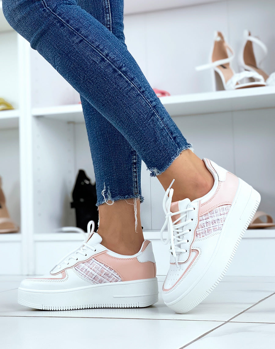 Baskets blanches et roses effet tweed