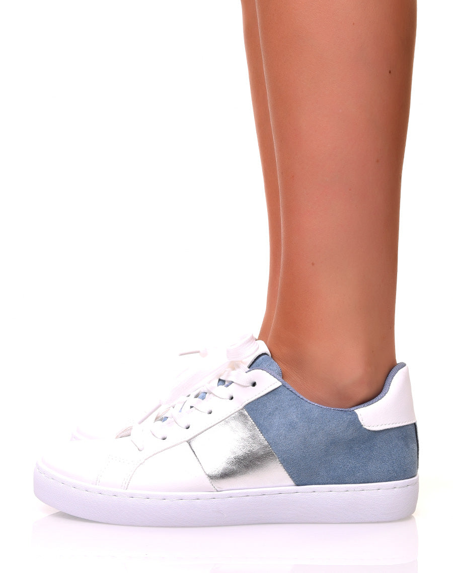 Baskets blanches à multiples empiècements argentés et bleus