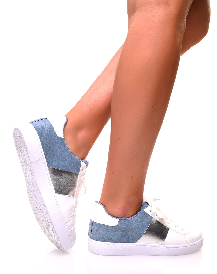 Baskets blanches à multiples empiècements argentés et bleus