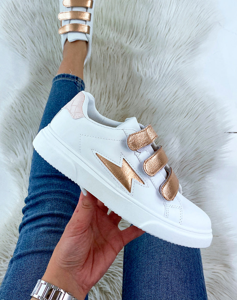 Baskets blanches à scratchs rosegold